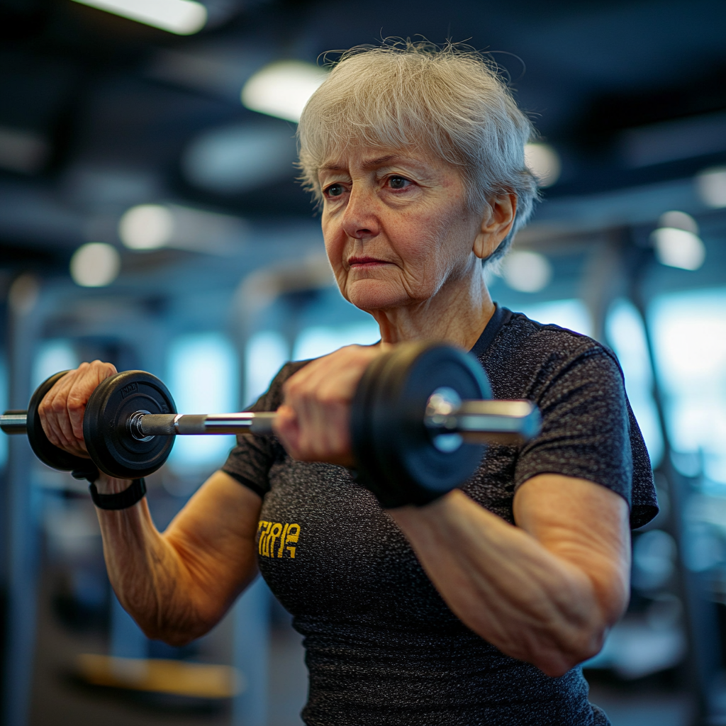 Атлетична жінка виконує силові вправи з гантелями у сучасному фітнес-залі