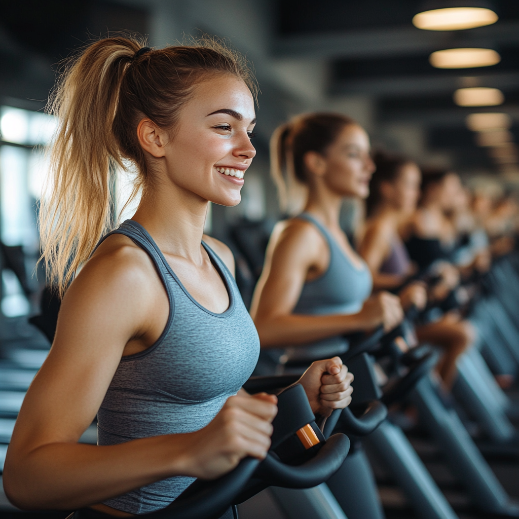 Група людей виконує кардіо вправи на біговій доріжці та велотренажерах