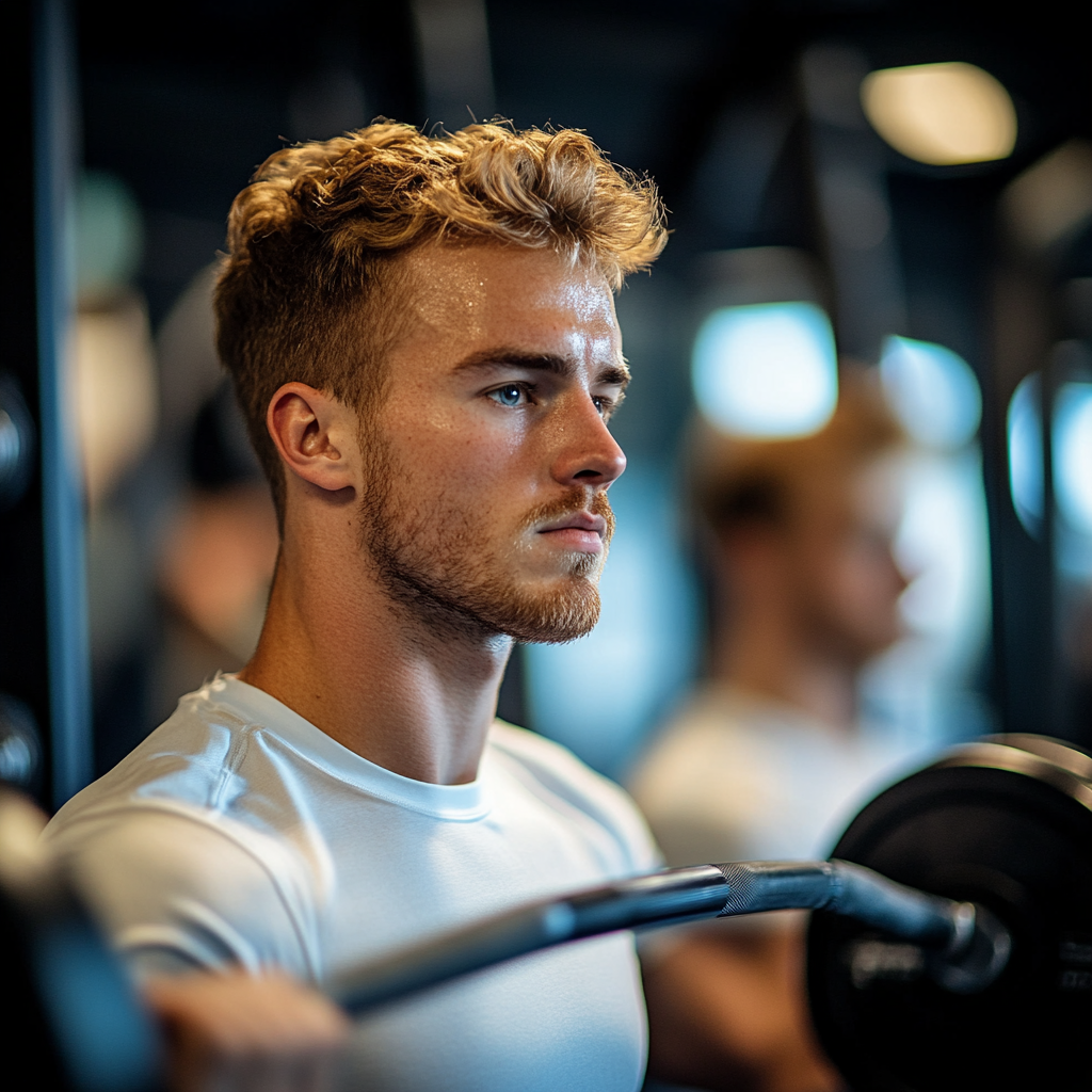 Чоловік виконує присідання зі штангою в силовому залі dobrenlask